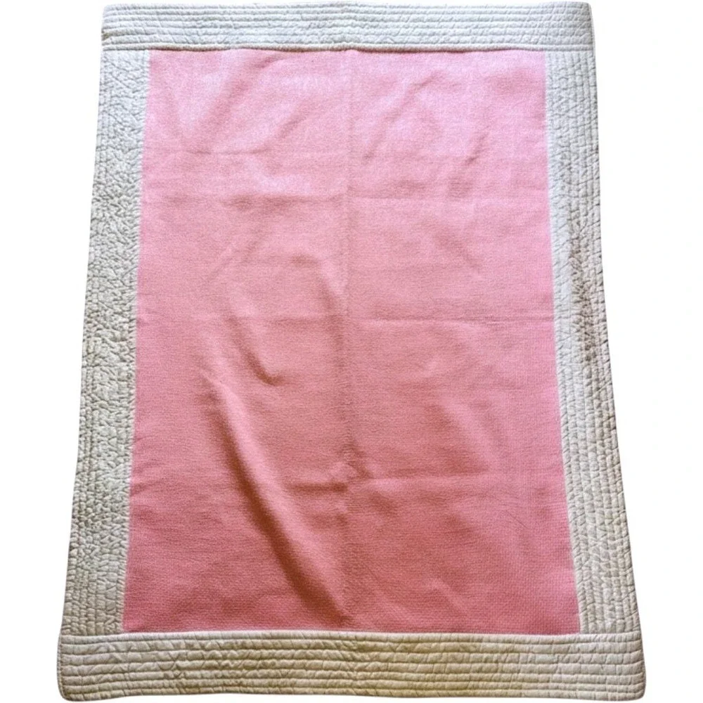 Vtg Quilted Pink White Coverlet Bedspread Twin Light Floral Embroidery  77x61